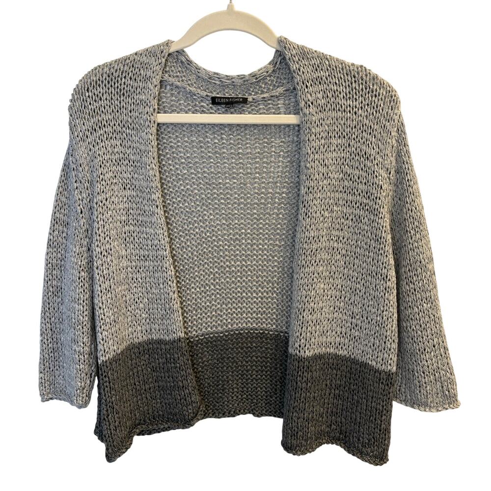 Eileen Fisher Gray Two-Tone Open Front Crochet Cardigan Estimated Size Medium
